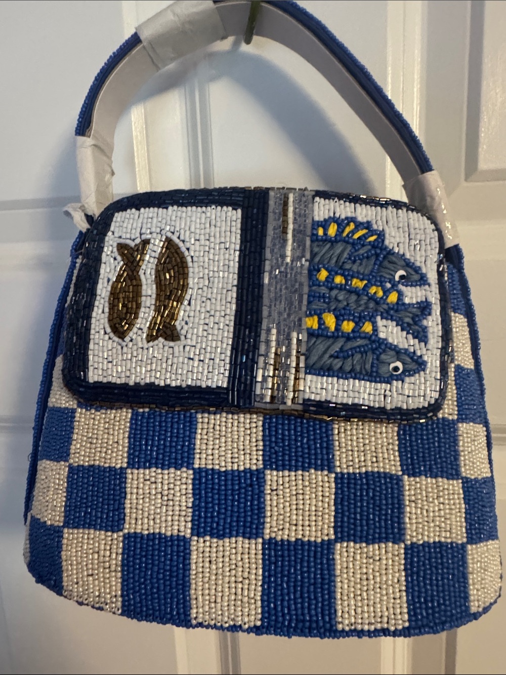 Mauve Blue & White Beaded Checkerboard Mini Bag with Fish Motif
